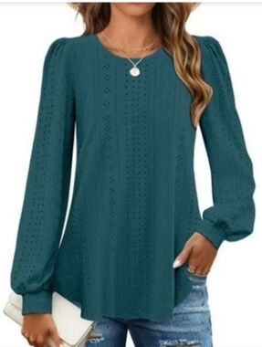 Fantaslook Women's Eyelet Blouse Dressy Casual Long Sleeve Shirts Crew Neck L